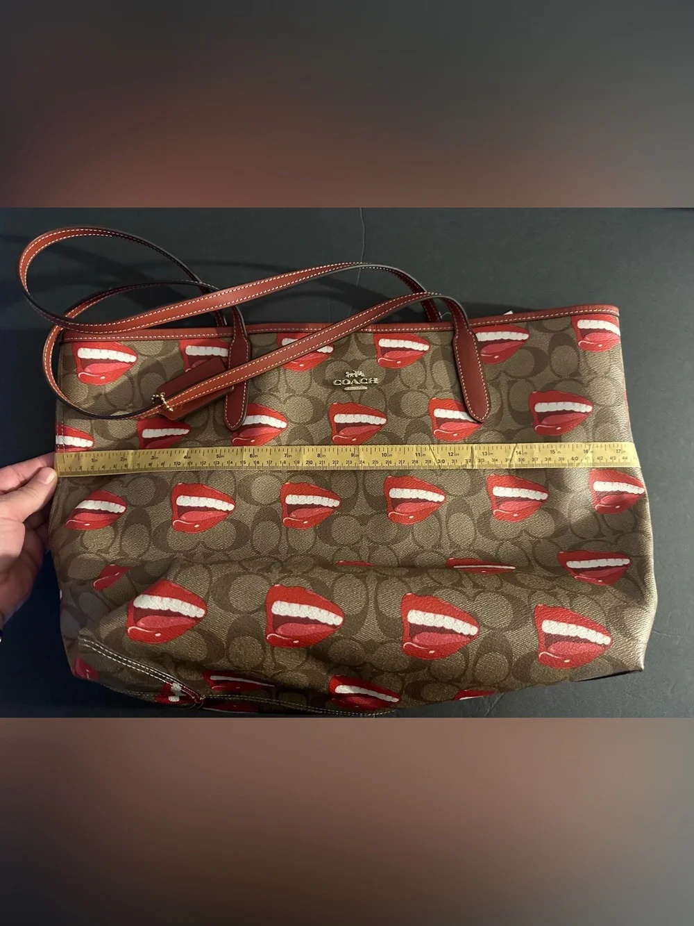 Coach X Tom Wesselmann Collab Brown Signature Tote with Red Lips Motif